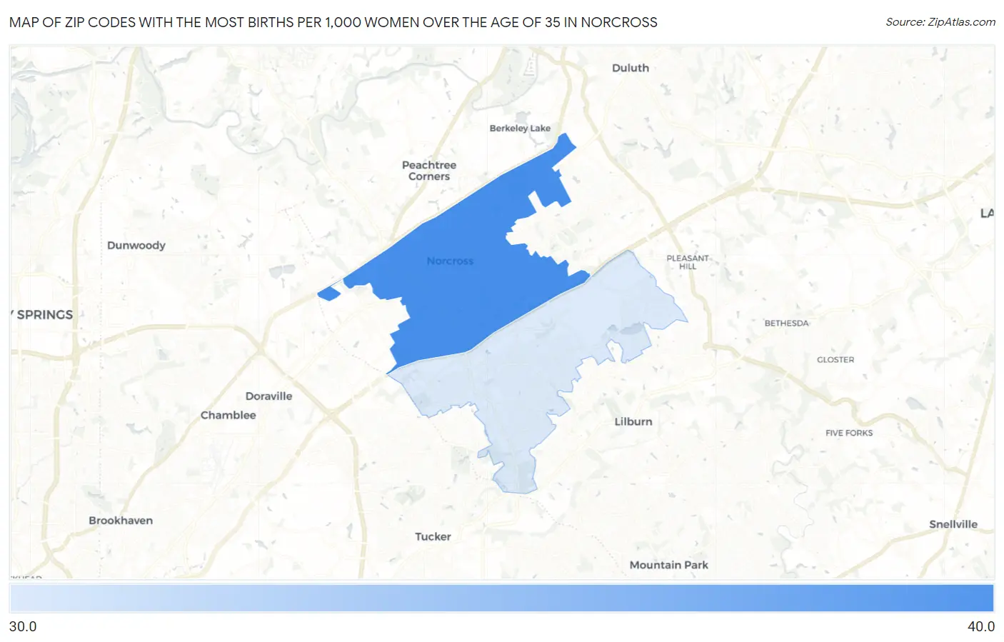 Zip Codes with the Most Births per 1,000 Women Over the Age of 35 in Norcross Map