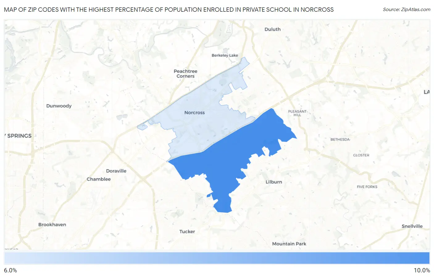 Zip Codes with the Highest Percentage of Population Enrolled in Private School in Norcross Map