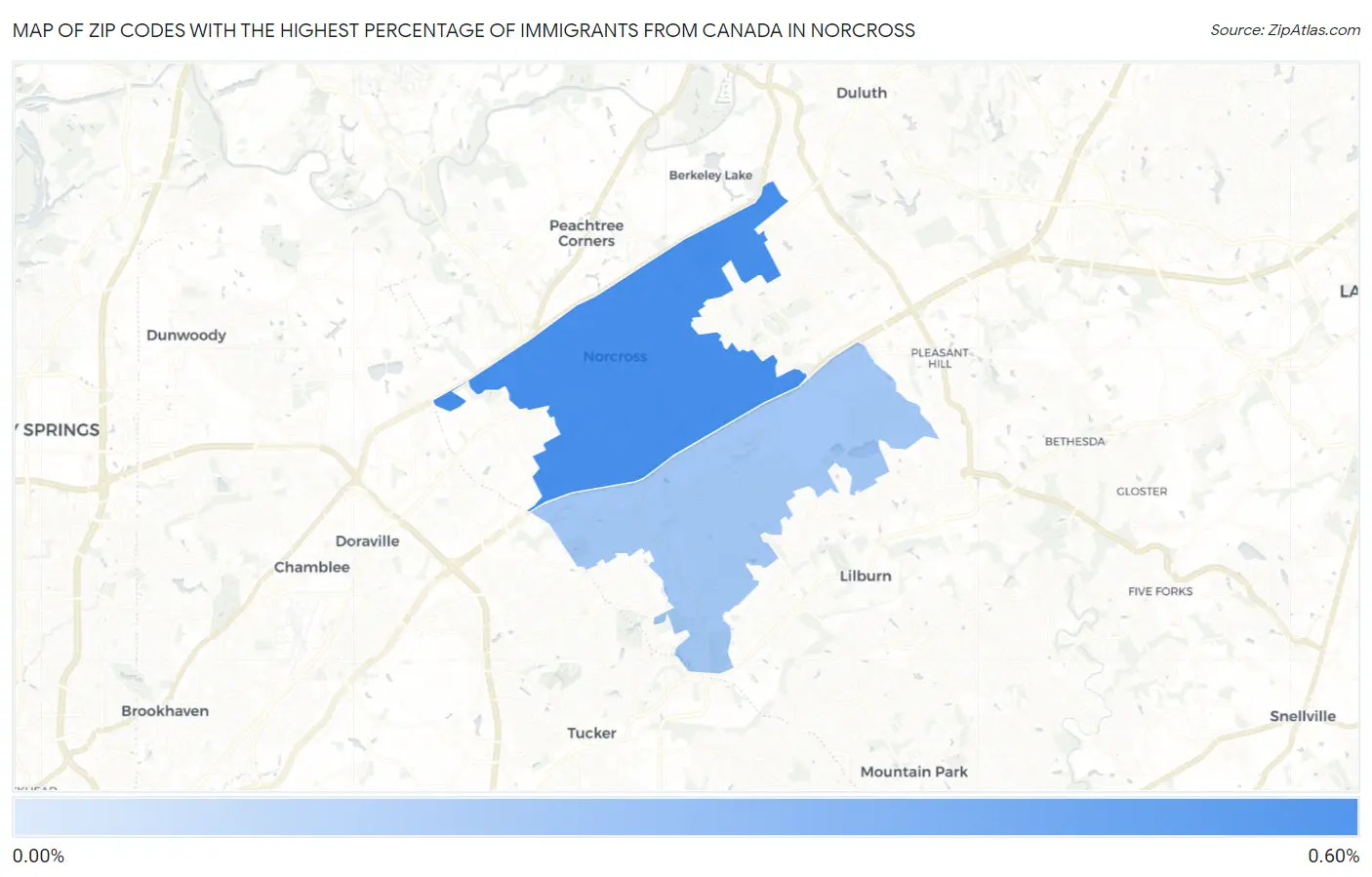 Zip Codes with the Highest Percentage of Immigrants from Canada in Norcross Map
