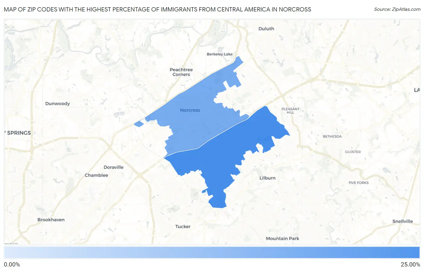 Zip Codes with the Highest Percentage of Immigrants from Central America in Norcross Map
