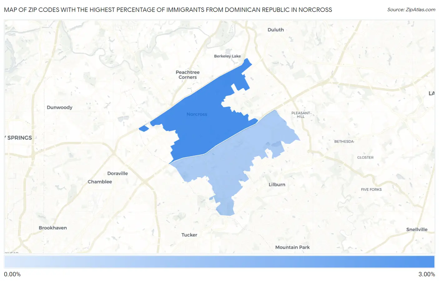 Zip Codes with the Highest Percentage of Immigrants from Dominican Republic in Norcross Map