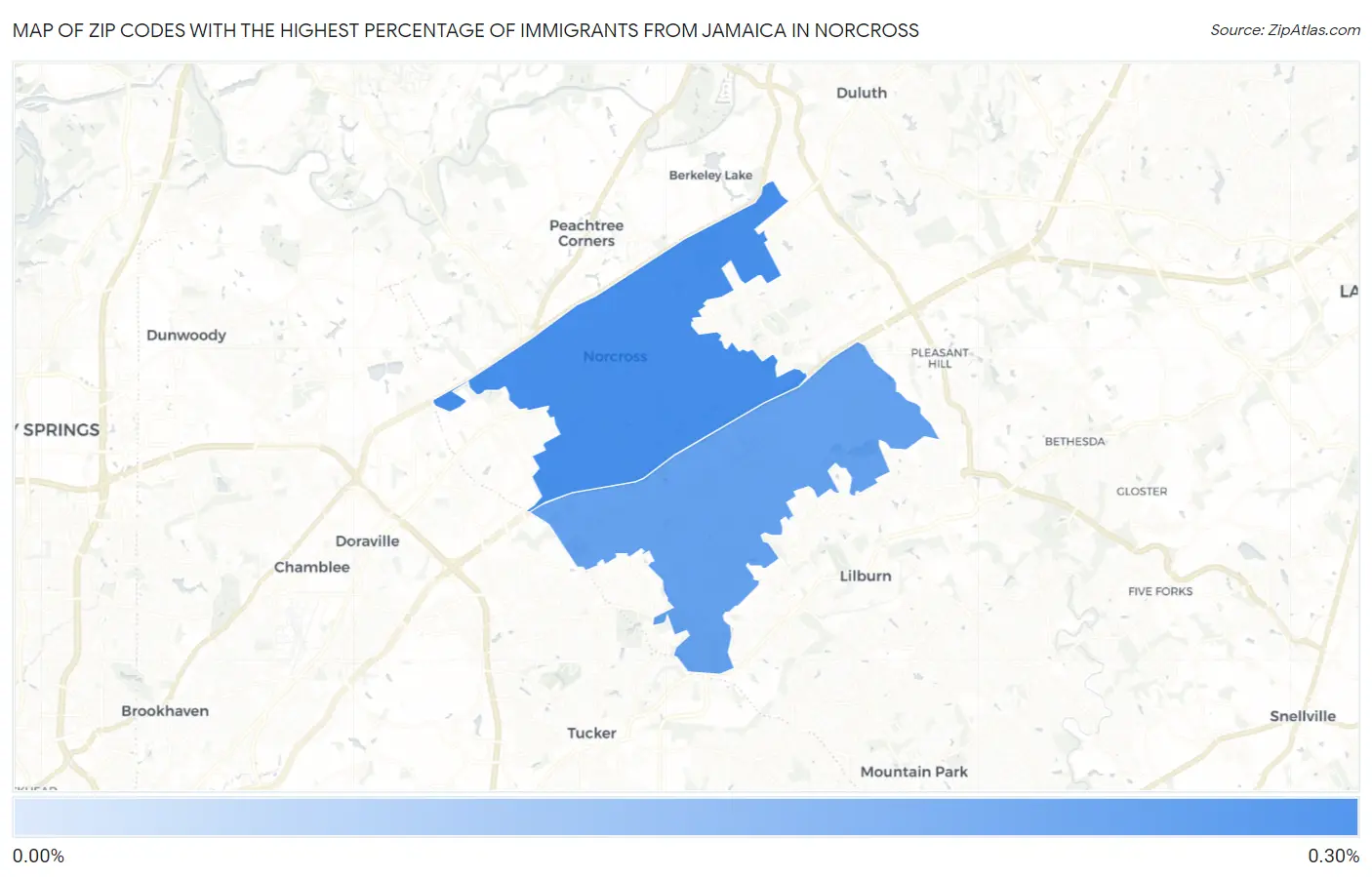 Zip Codes with the Highest Percentage of Immigrants from Jamaica in Norcross Map