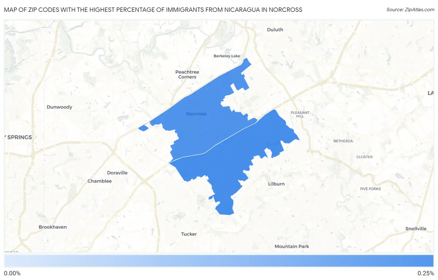 Zip Codes with the Highest Percentage of Immigrants from Nicaragua in Norcross Map