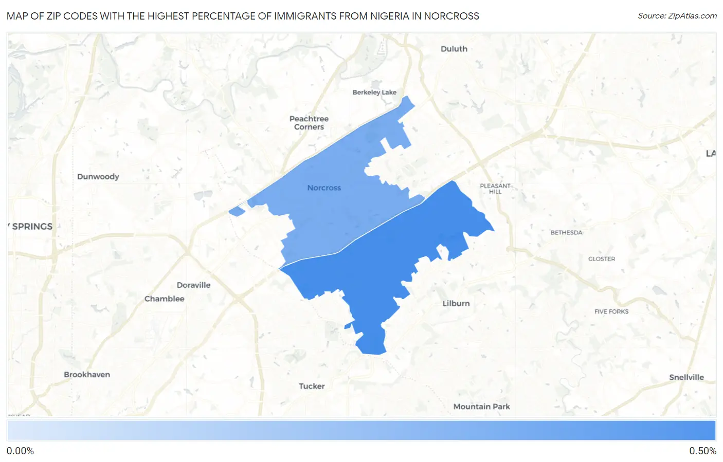 Zip Codes with the Highest Percentage of Immigrants from Nigeria in Norcross Map