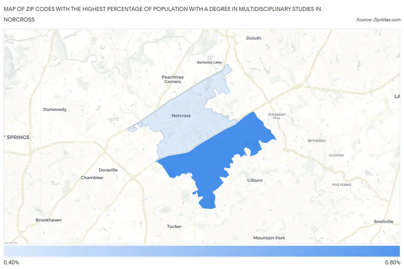 Zip Codes with the Highest Percentage of Population with a Degree in Multidisciplinary Studies in Norcross Map