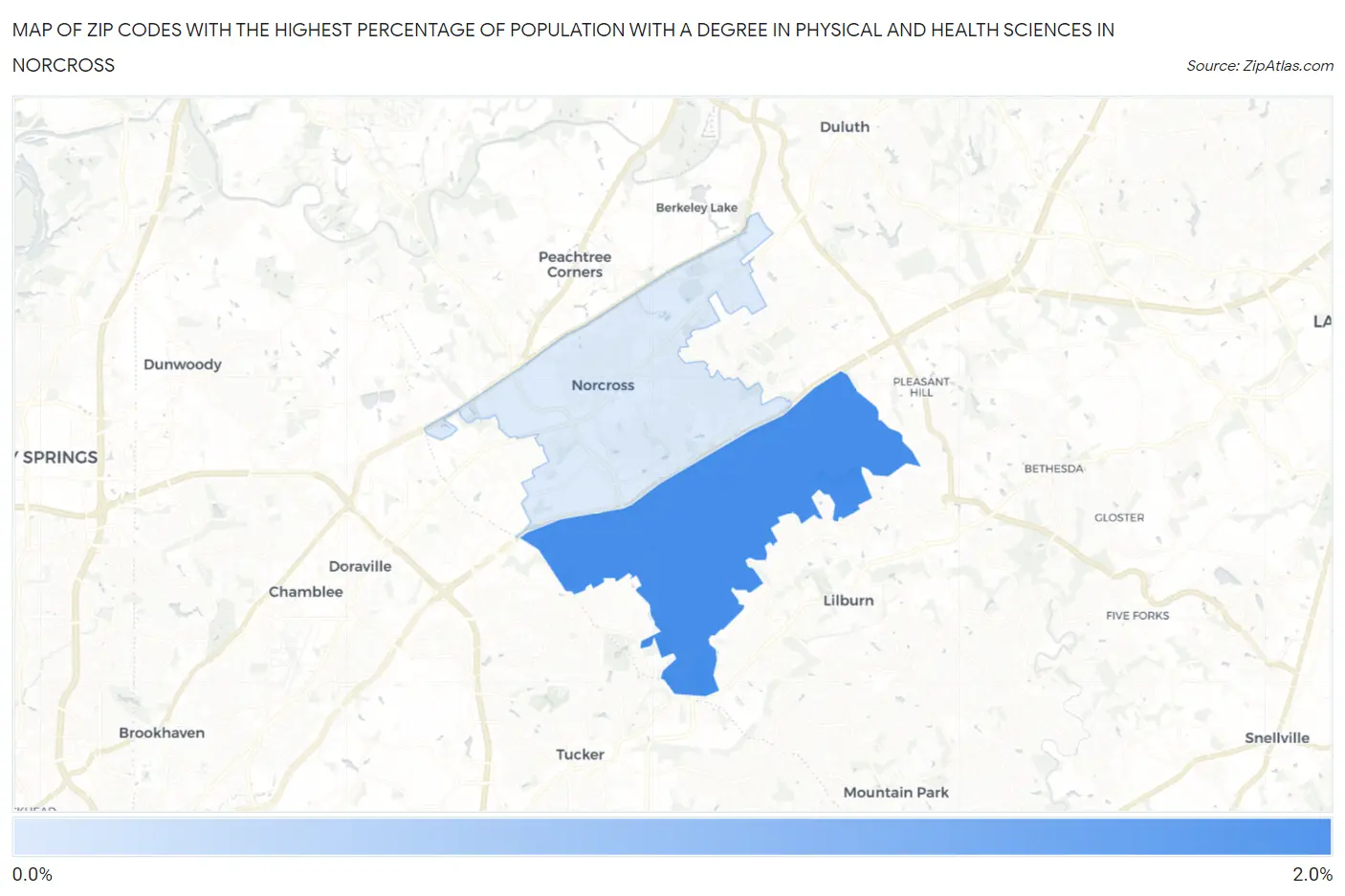 Zip Codes with the Highest Percentage of Population with a Degree in Physical and Health Sciences in Norcross Map