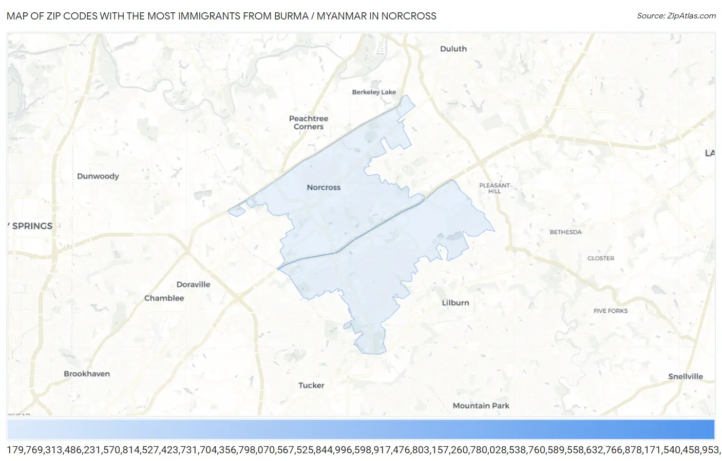 Zip Codes with the Most Immigrants from Burma / Myanmar in Norcross Map