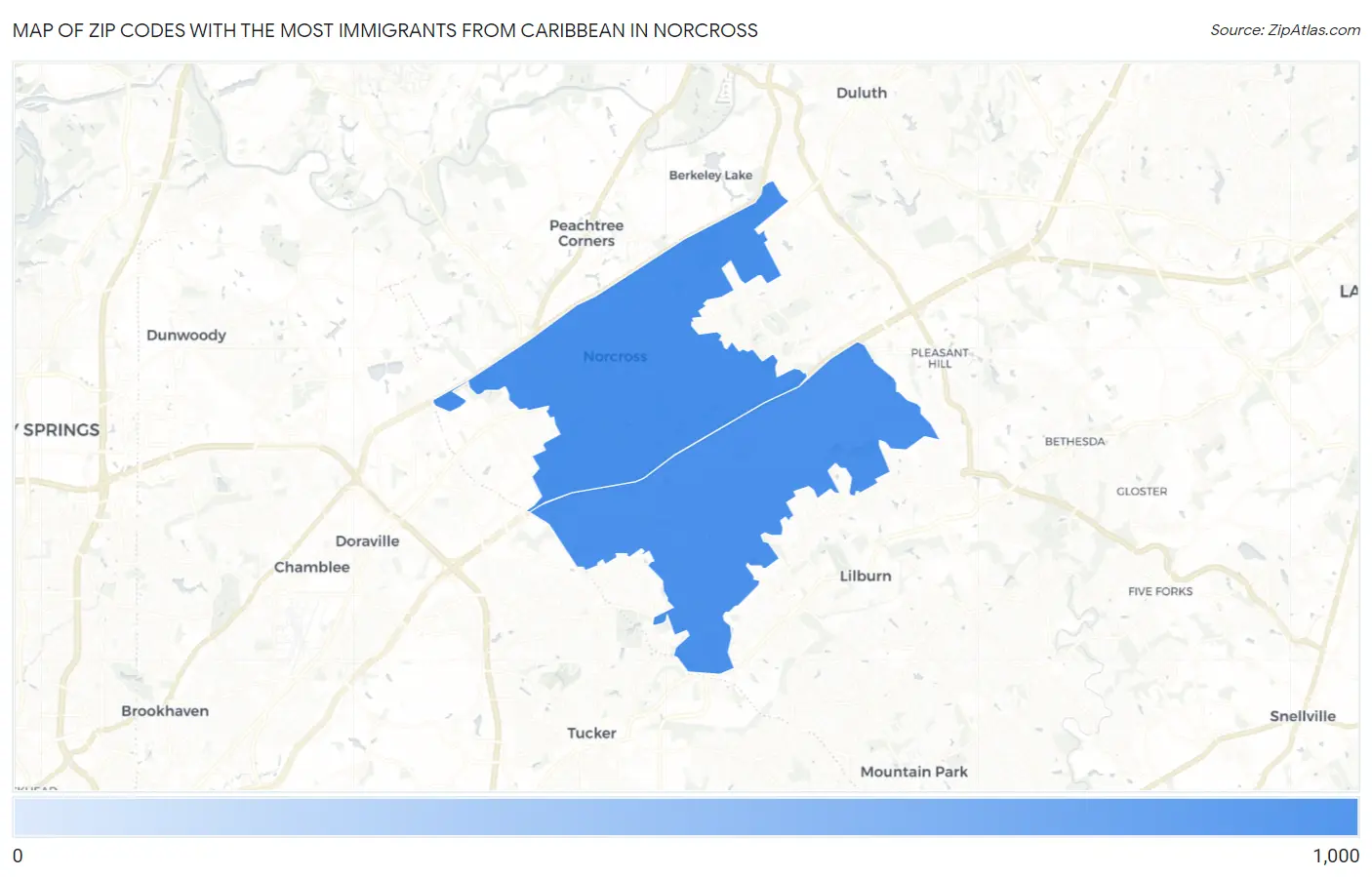 Zip Codes with the Most Immigrants from Caribbean in Norcross Map