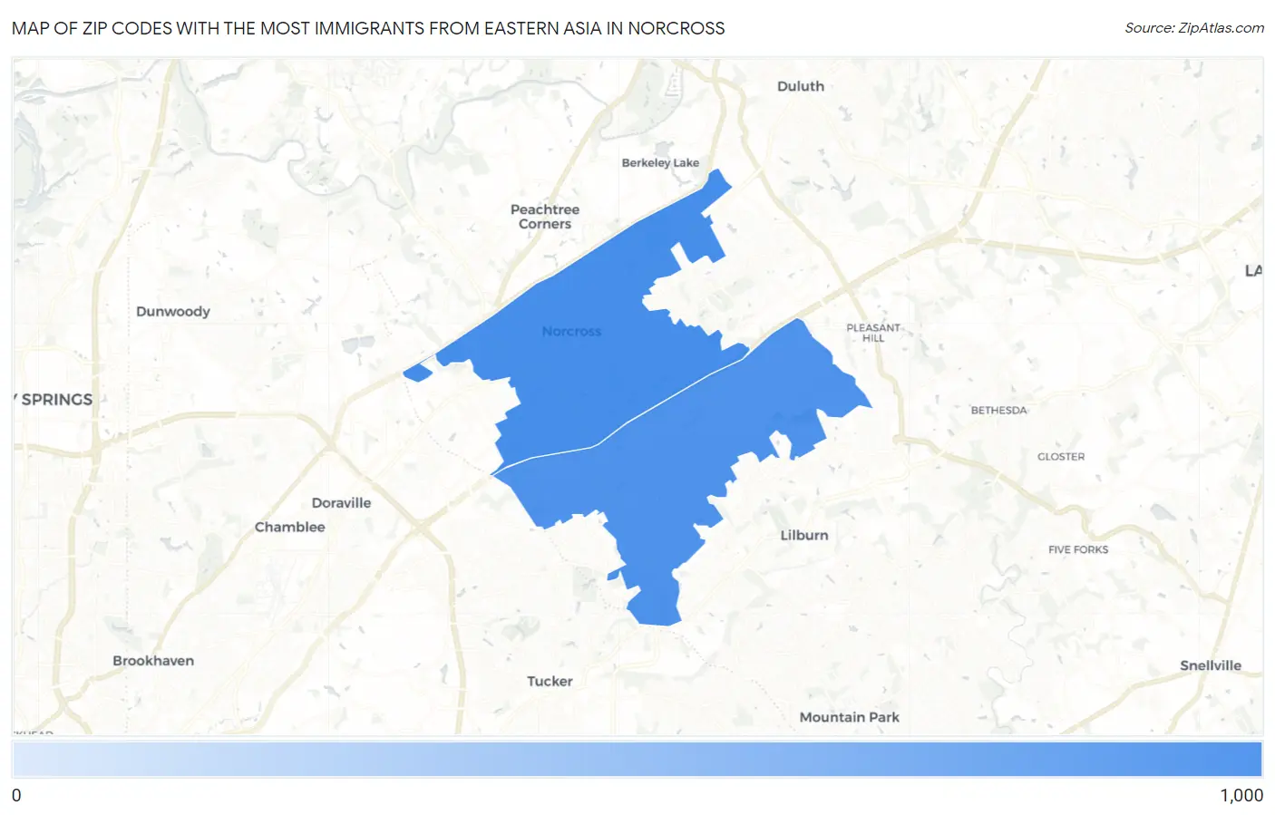 Zip Codes with the Most Immigrants from Eastern Asia in Norcross Map