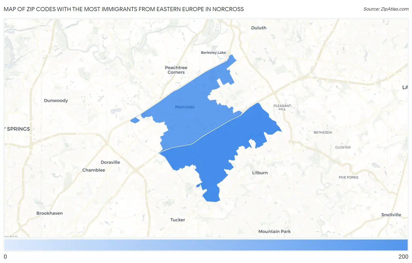 Zip Codes with the Most Immigrants from Eastern Europe in Norcross Map