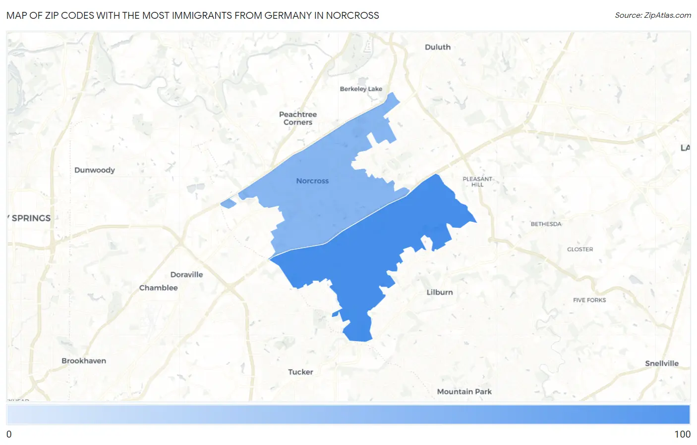 Zip Codes with the Most Immigrants from Germany in Norcross Map