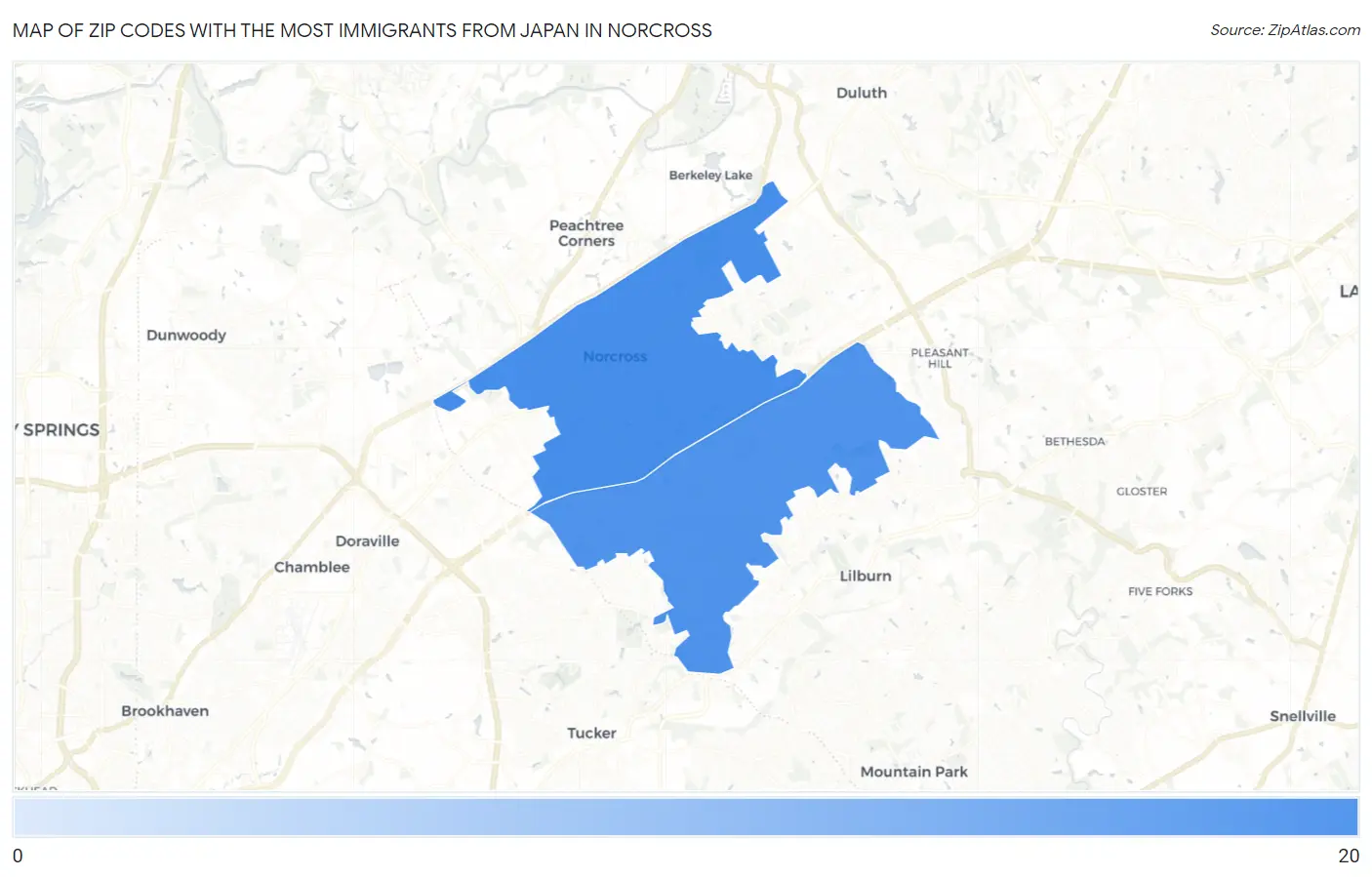 Zip Codes with the Most Immigrants from Japan in Norcross Map