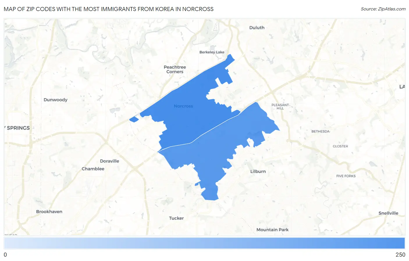 Zip Codes with the Most Immigrants from Korea in Norcross Map