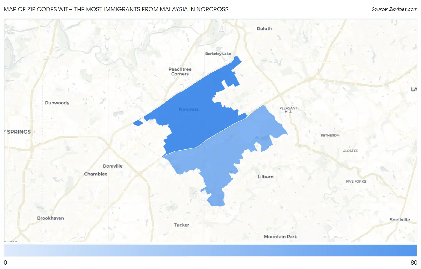 Zip Codes with the Most Immigrants from Malaysia in Norcross Map