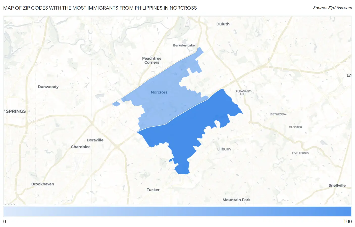Zip Codes with the Most Immigrants from Philippines in Norcross Map