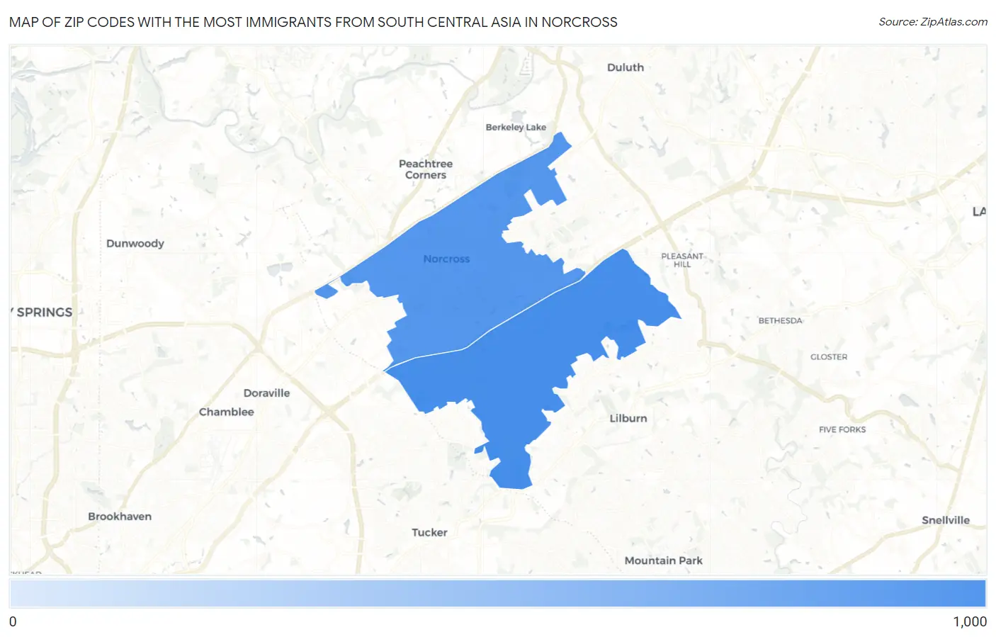 Zip Codes with the Most Immigrants from South Central Asia in Norcross Map