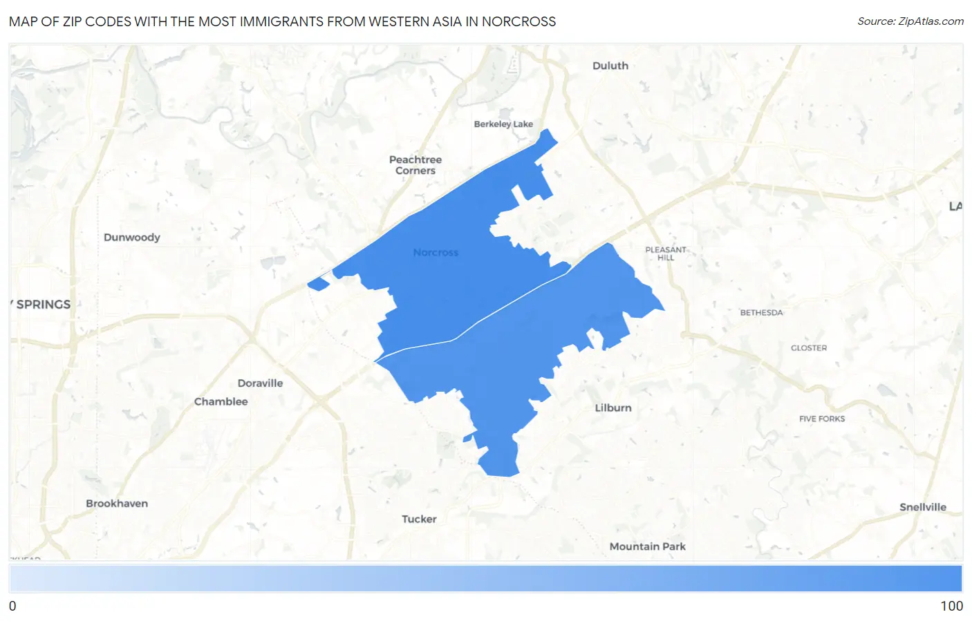 Zip Codes with the Most Immigrants from Western Asia in Norcross Map