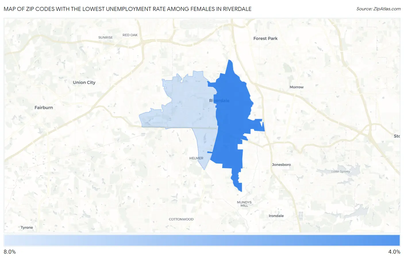 Zip Codes with the Lowest Unemployment Rate Among Females in Riverdale Map