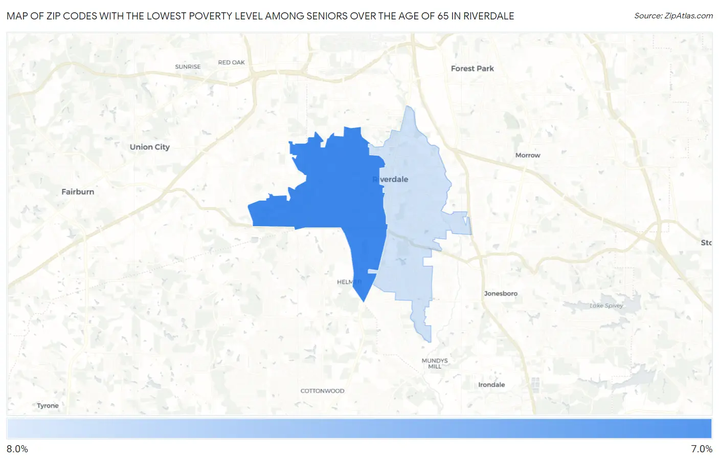 Zip Codes with the Lowest Poverty Level Among Seniors Over the Age of 65 in Riverdale Map