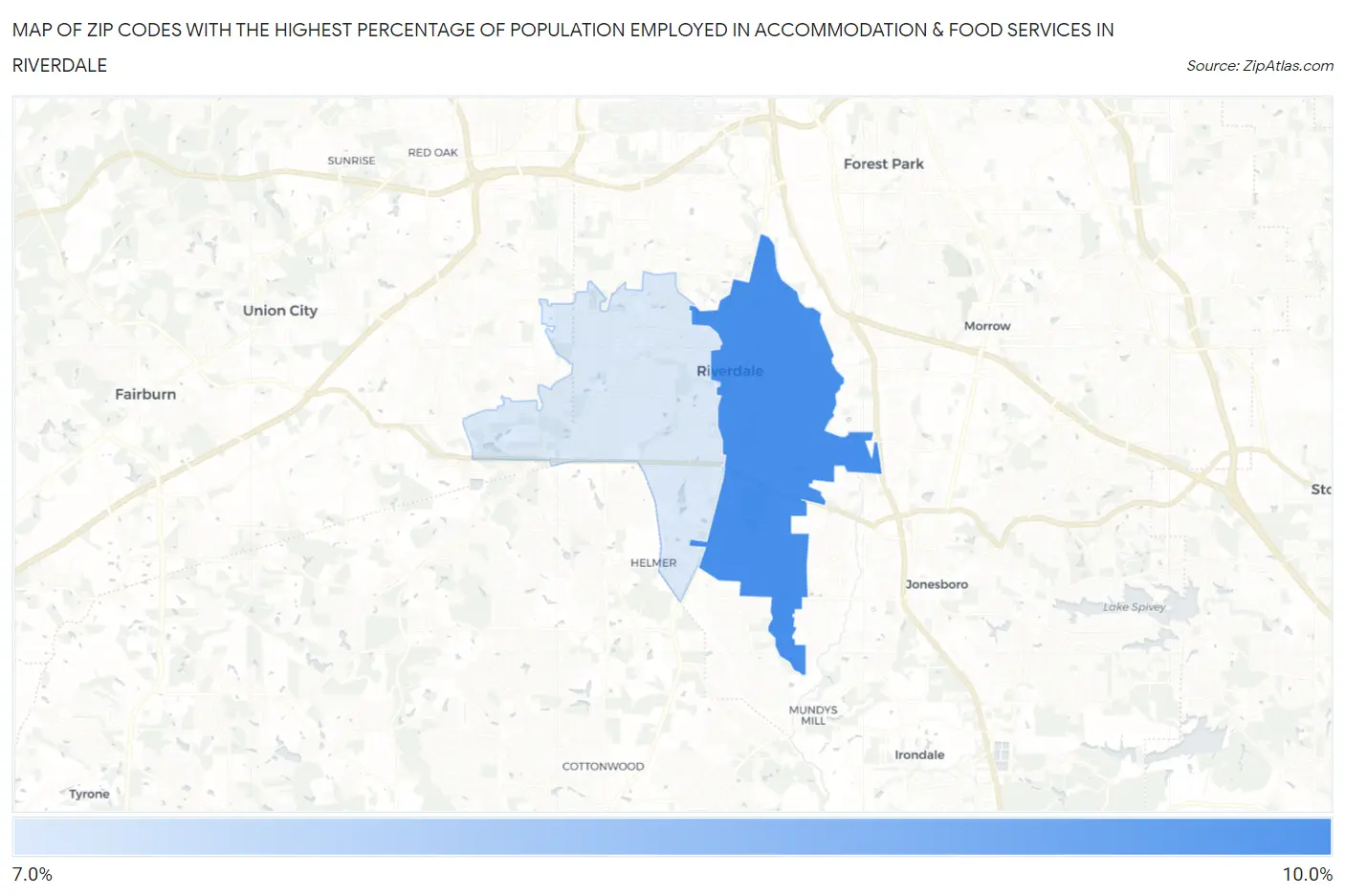 Zip Codes with the Highest Percentage of Population Employed in Accommodation & Food Services in Riverdale Map