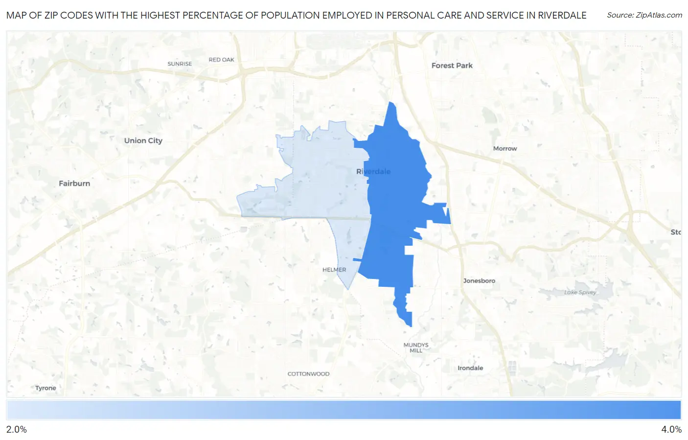 Zip Codes with the Highest Percentage of Population Employed in Personal Care and Service in Riverdale Map