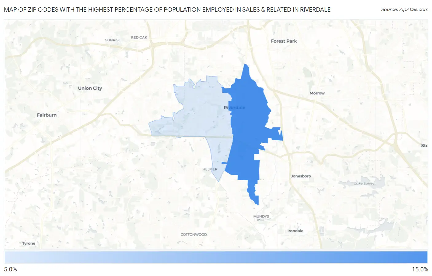 Zip Codes with the Highest Percentage of Population Employed in Sales & Related in Riverdale Map