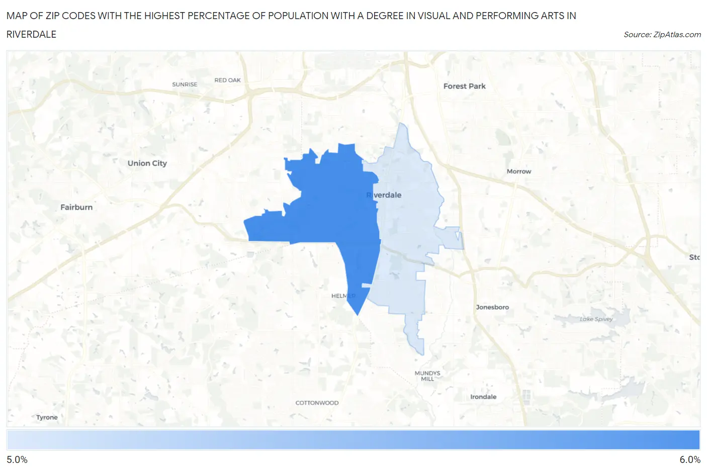 Zip Codes with the Highest Percentage of Population with a Degree in Visual and Performing Arts in Riverdale Map
