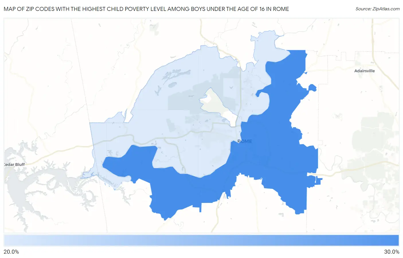 Zip Codes with the Highest Child Poverty Level Among Boys Under the Age of 16 in Rome Map