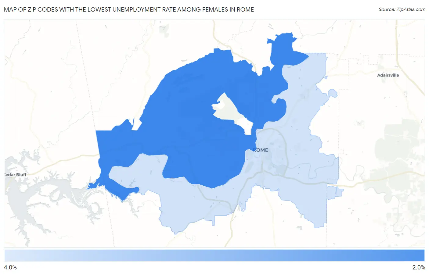 Zip Codes with the Lowest Unemployment Rate Among Females in Rome Map