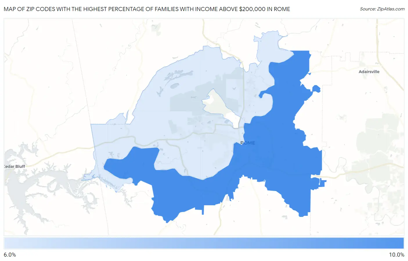 Zip Codes with the Highest Percentage of Families with Income Above $200,000 in Rome Map