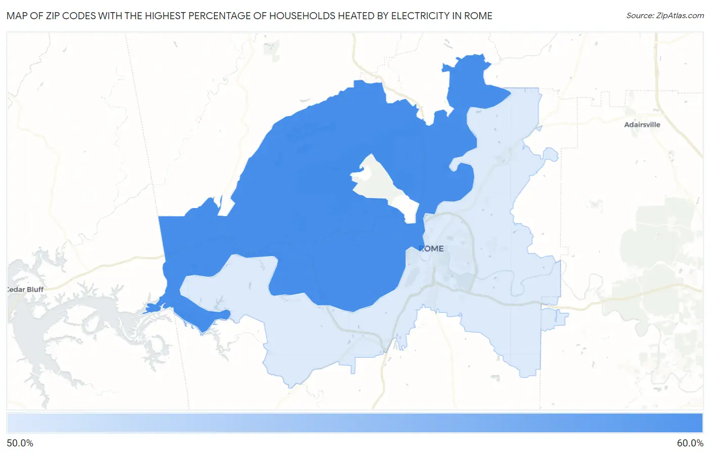 Zip Codes with the Highest Percentage of Households Heated by Electricity in Rome Map