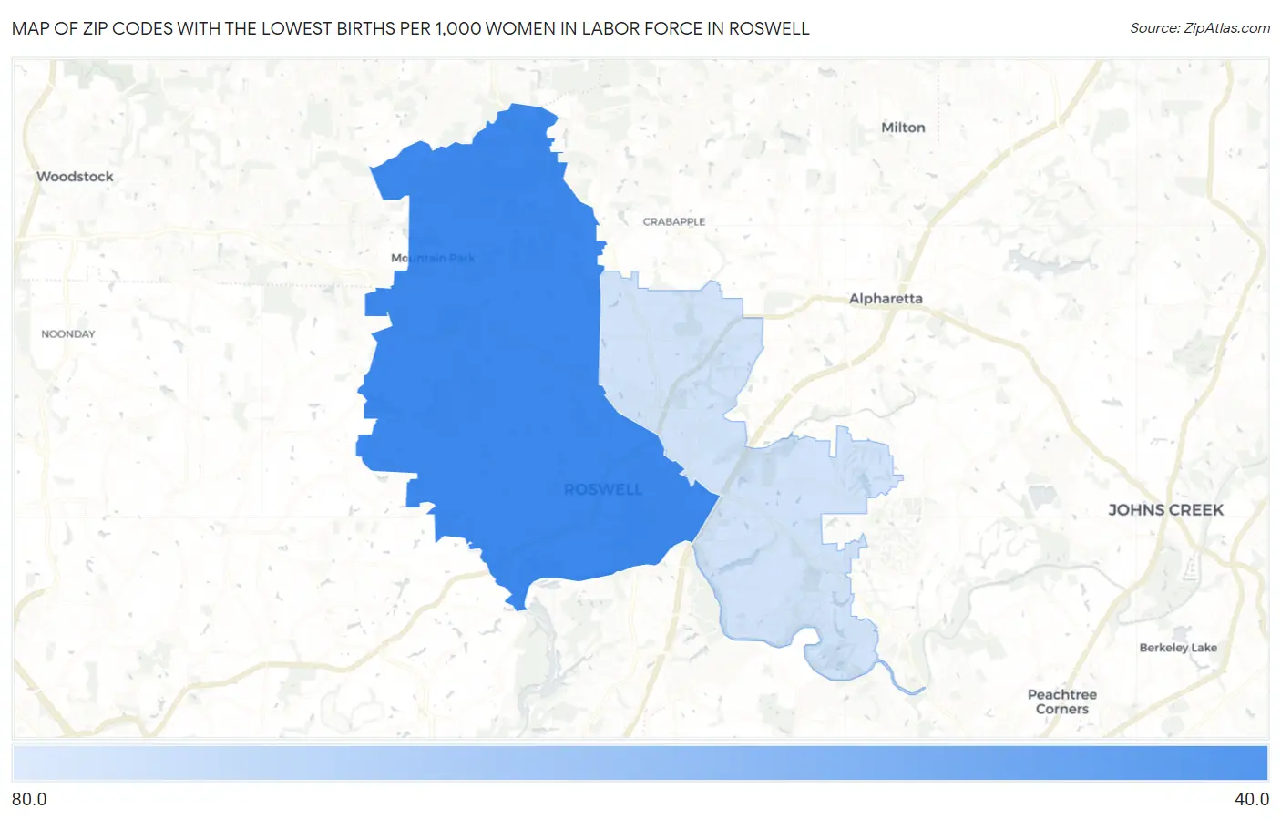 Zip Codes with the Lowest Births per 1,000 Women in Labor Force in Roswell Map