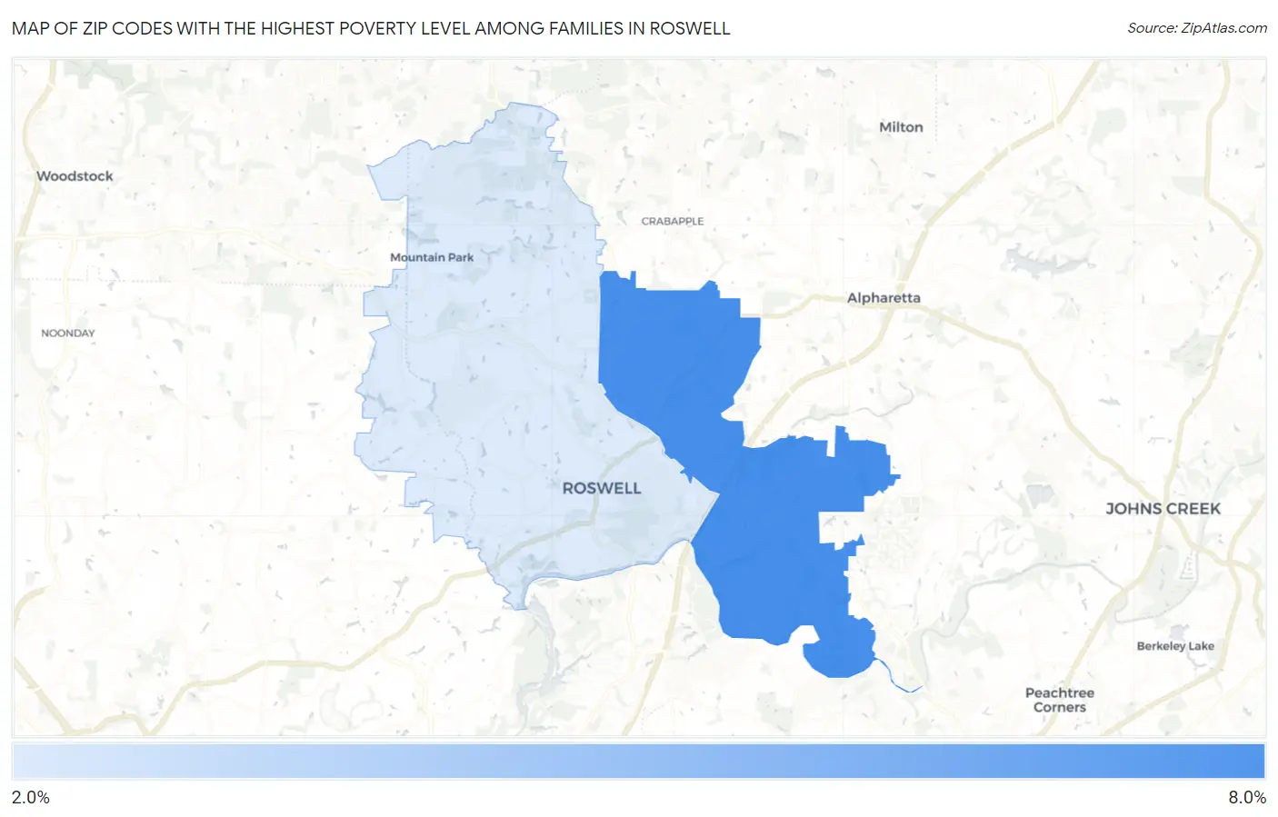 Zip Codes with the Highest Poverty Level Among Families in Roswell Map