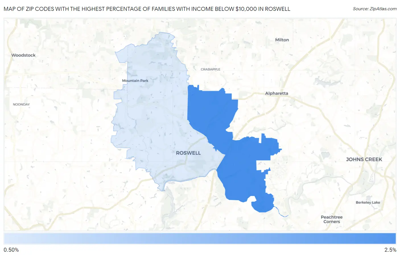 Zip Codes with the Highest Percentage of Families with Income Below $10,000 in Roswell Map
