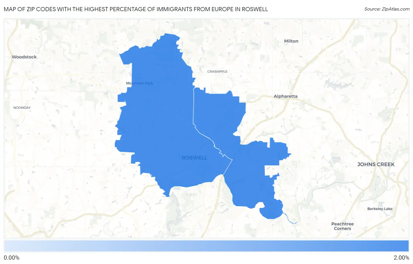 Zip Codes with the Highest Percentage of Immigrants from Europe in Roswell Map