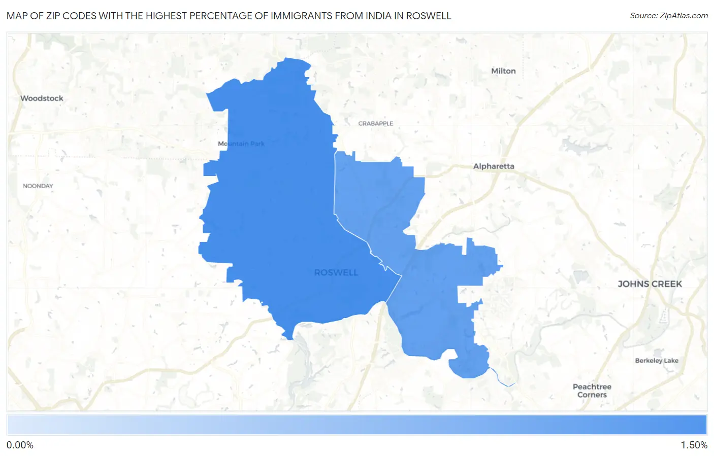 Zip Codes with the Highest Percentage of Immigrants from India in Roswell Map