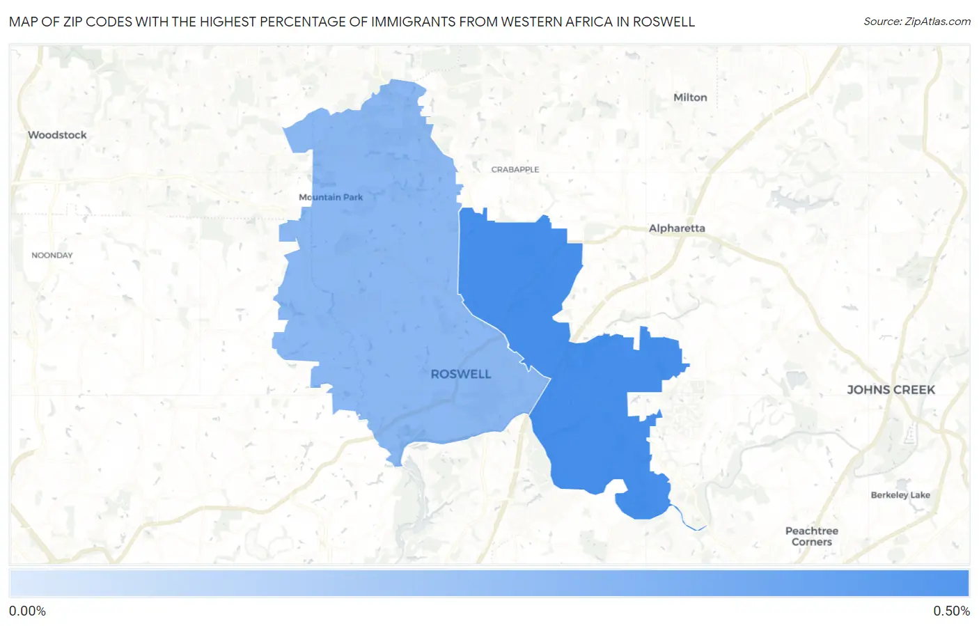 Zip Codes with the Highest Percentage of Immigrants from Western Africa in Roswell Map