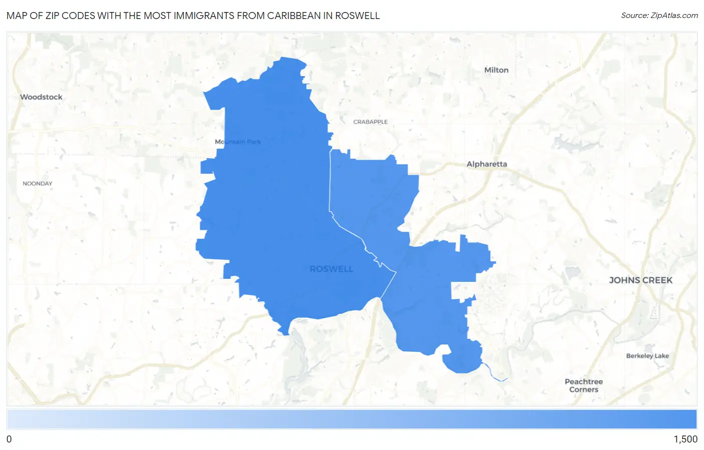 Zip Codes with the Most Immigrants from Caribbean in Roswell Map