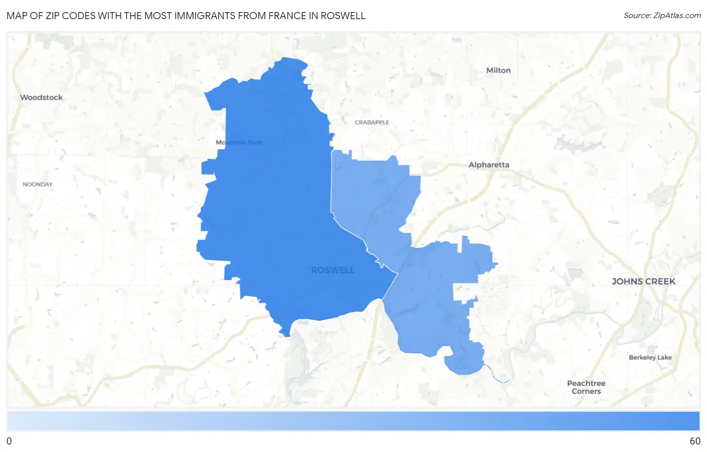 Zip Codes with the Most Immigrants from France in Roswell Map