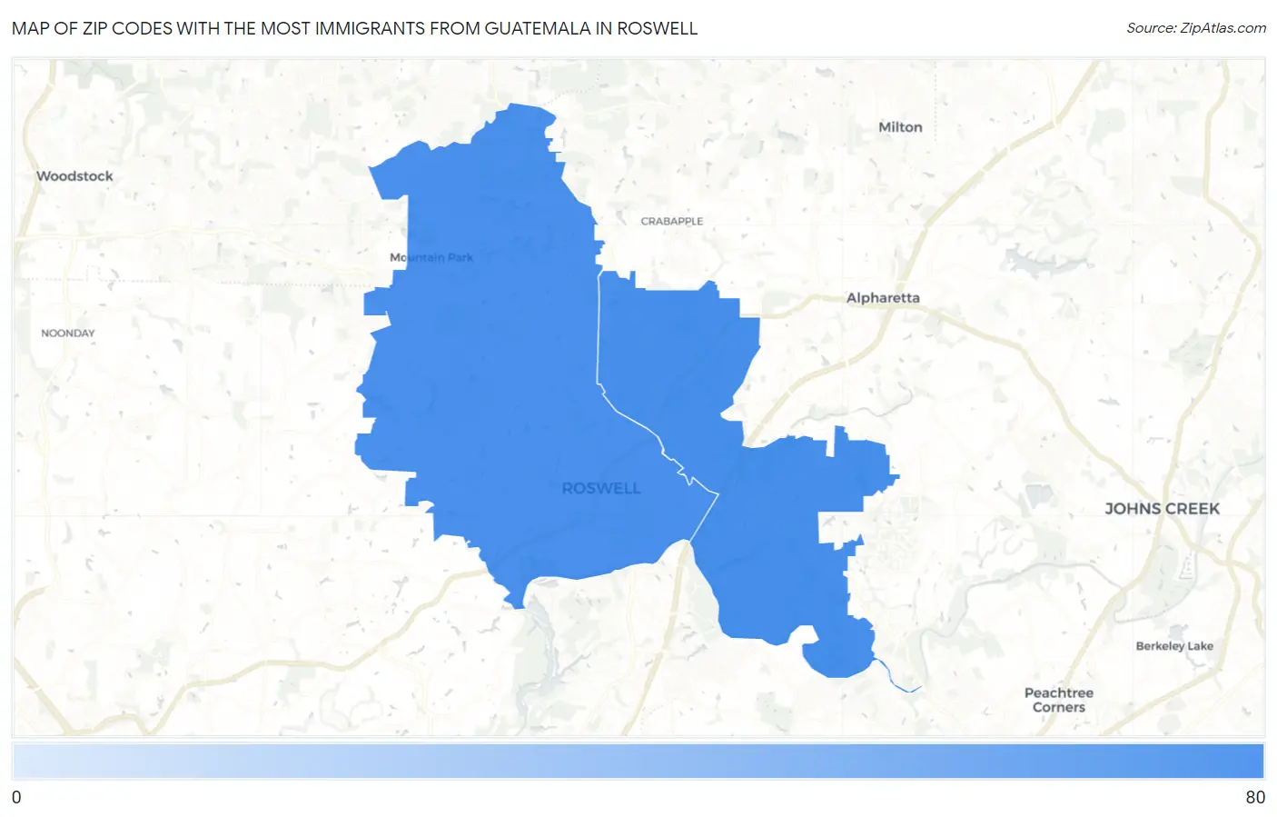 Zip Codes with the Most Immigrants from Guatemala in Roswell Map