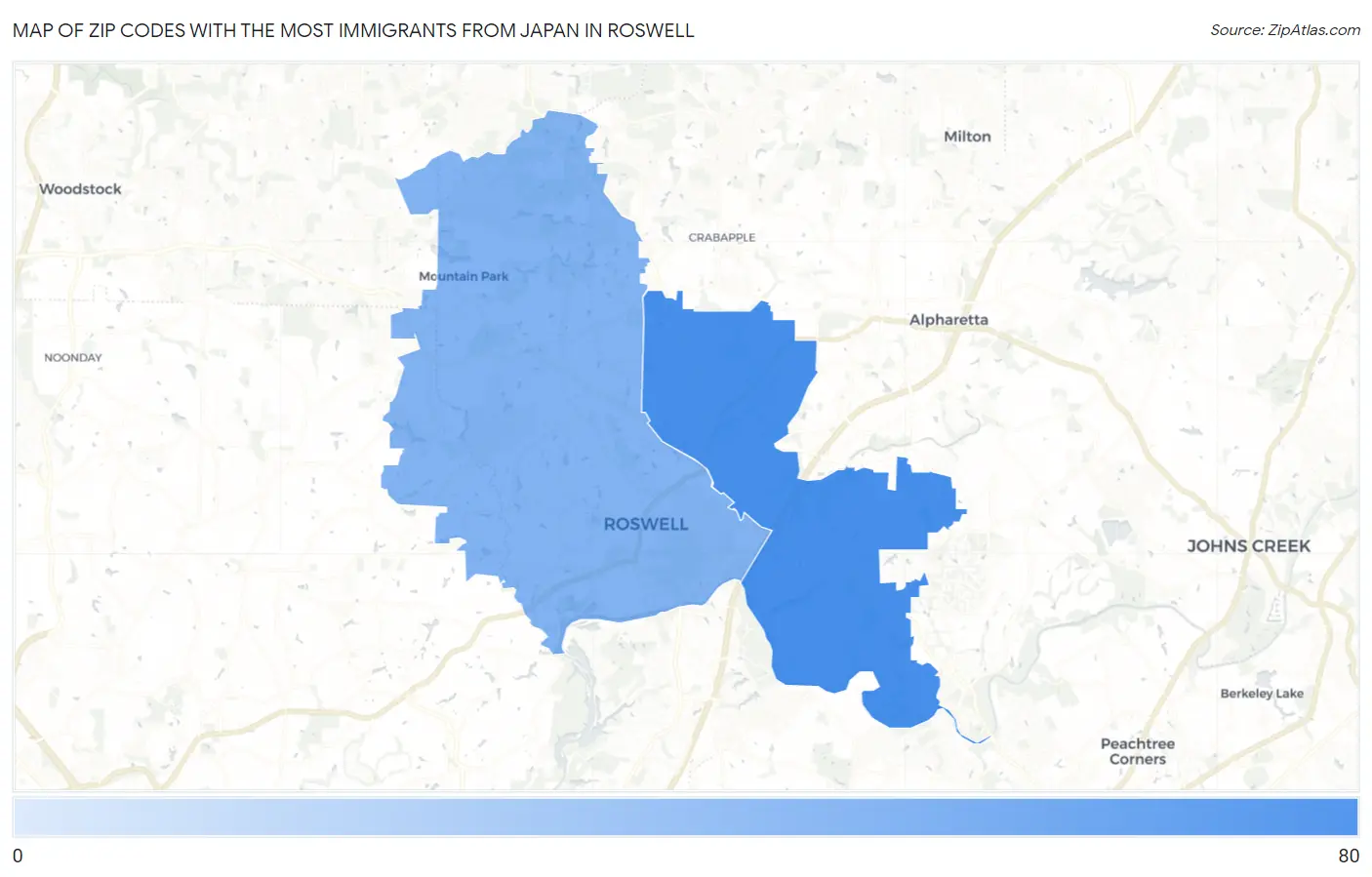Zip Codes with the Most Immigrants from Japan in Roswell Map