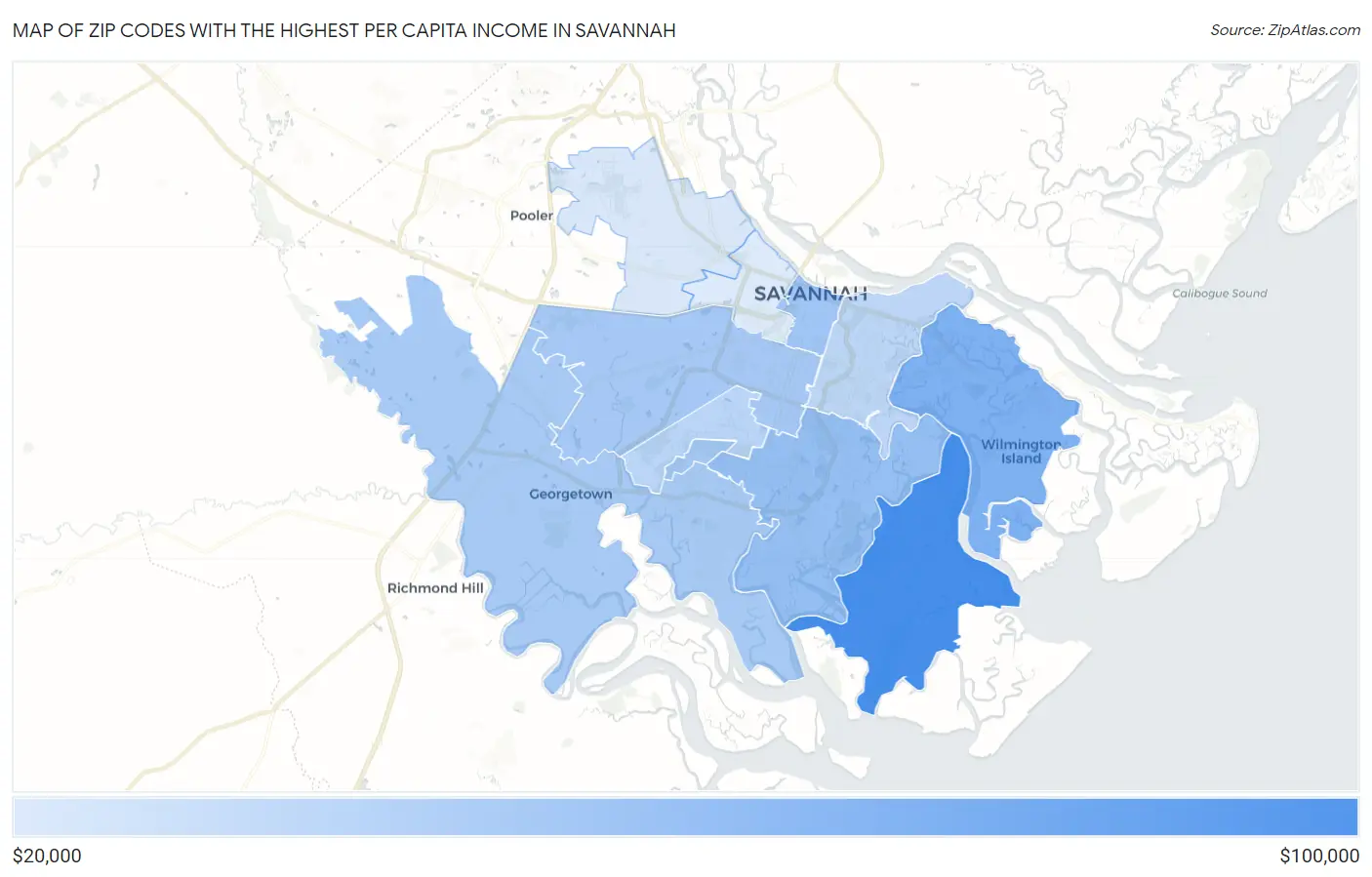 Zip Codes with the Highest Per Capita Income in Savannah Map