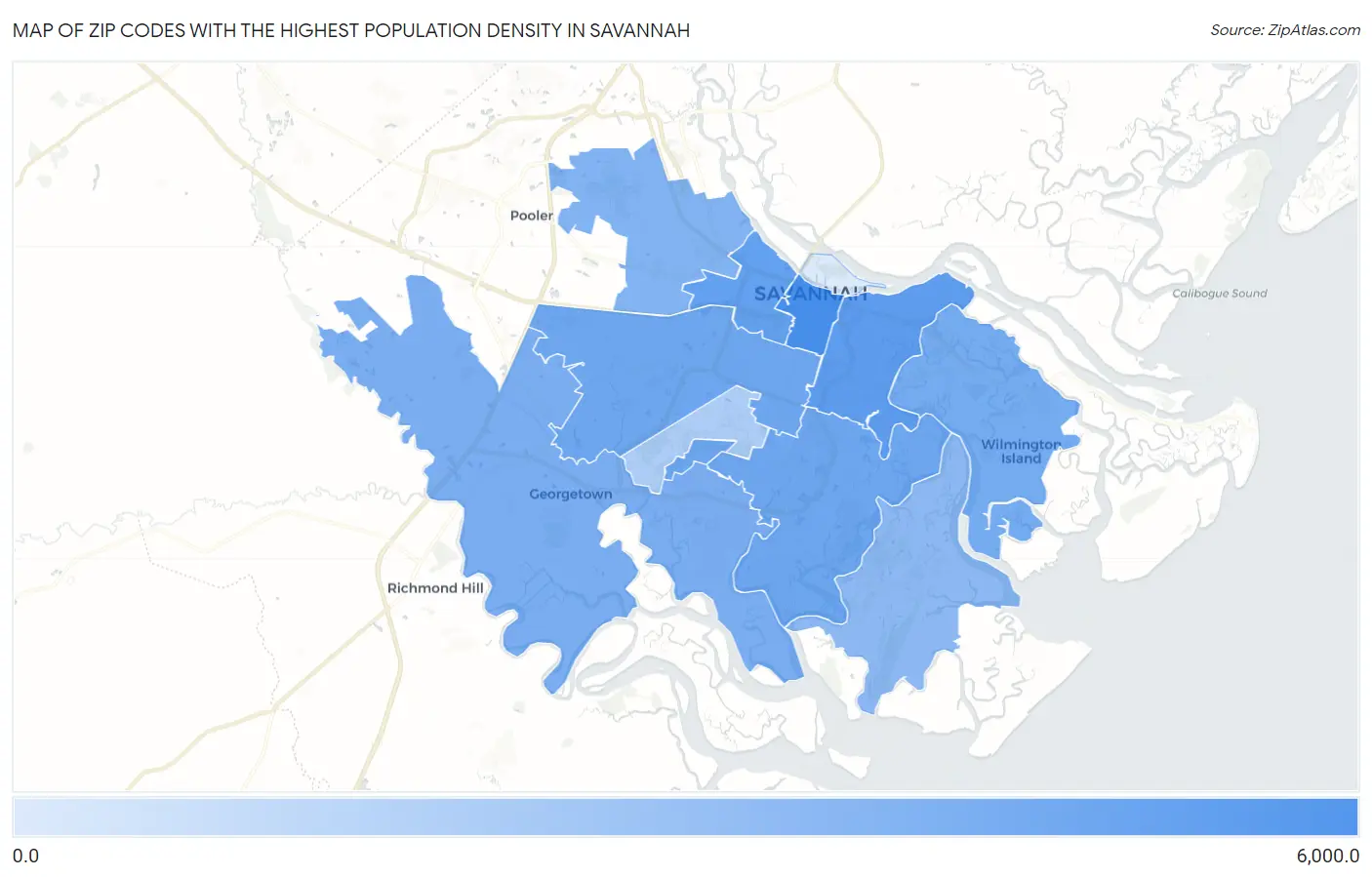Zip Codes with the Highest Population Density in Savannah Map