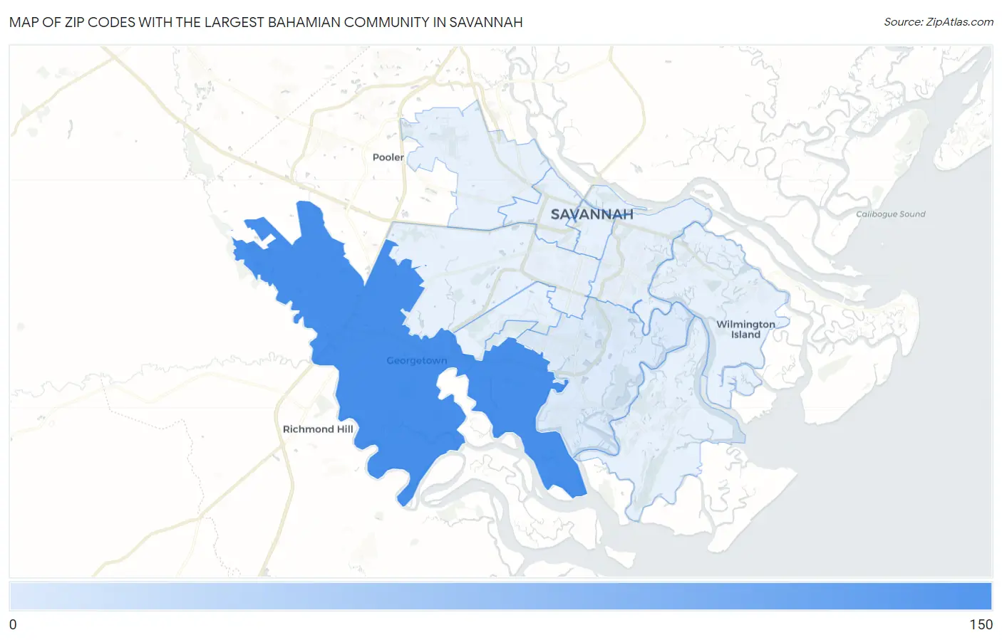 Zip Codes with the Largest Bahamian Community in Savannah Map
