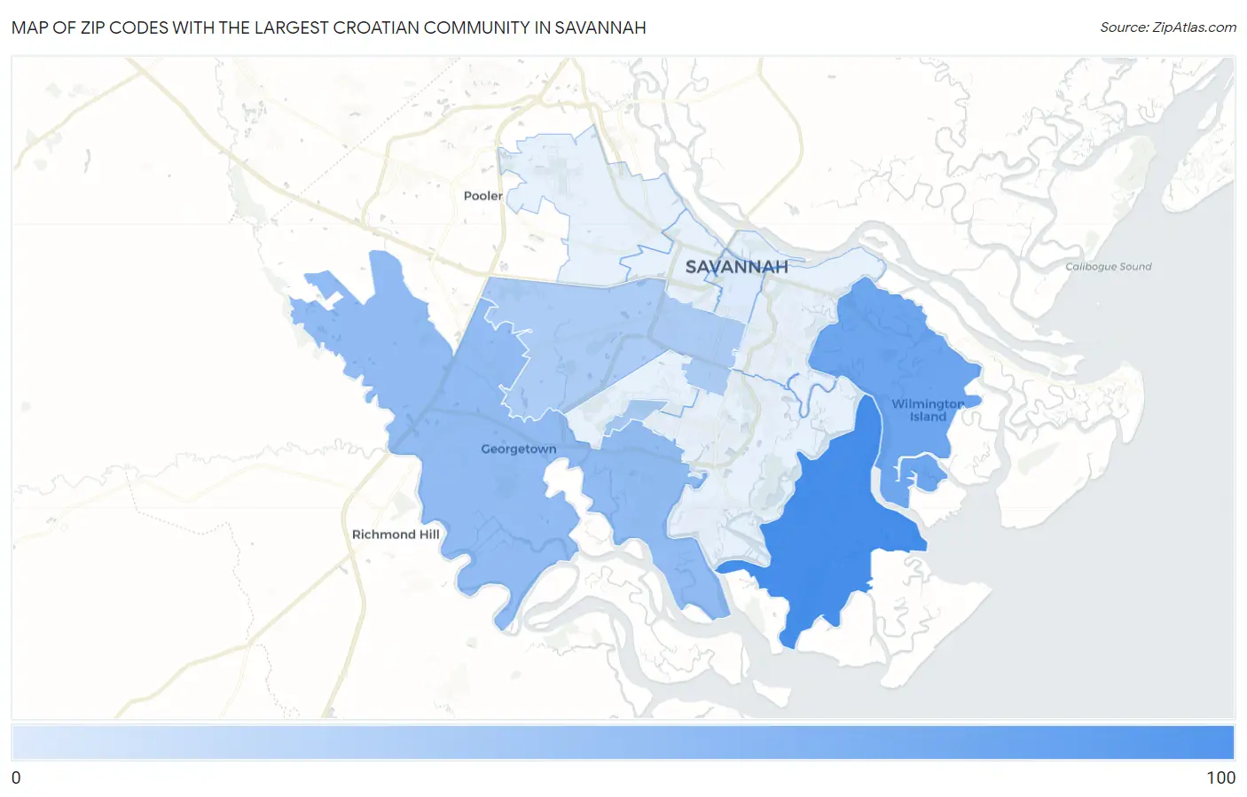 Zip Codes with the Largest Croatian Community in Savannah Map