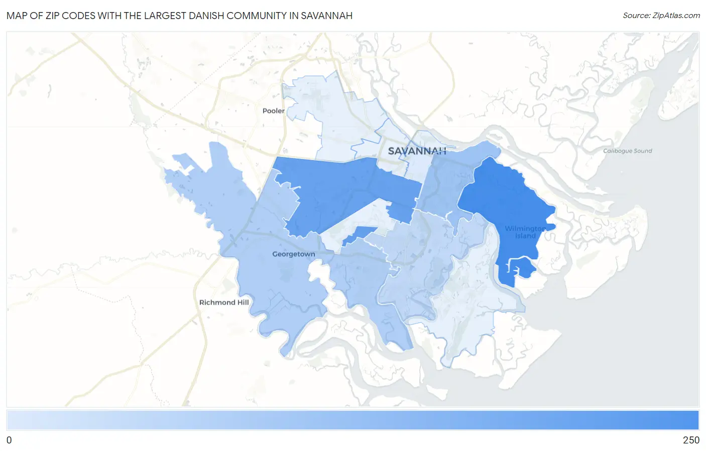 Zip Codes with the Largest Danish Community in Savannah Map