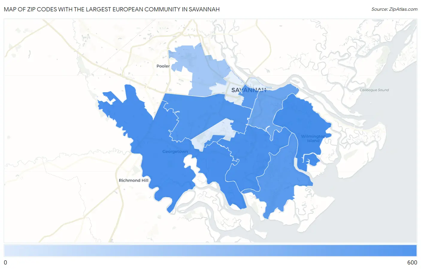 Zip Codes with the Largest European Community in Savannah Map