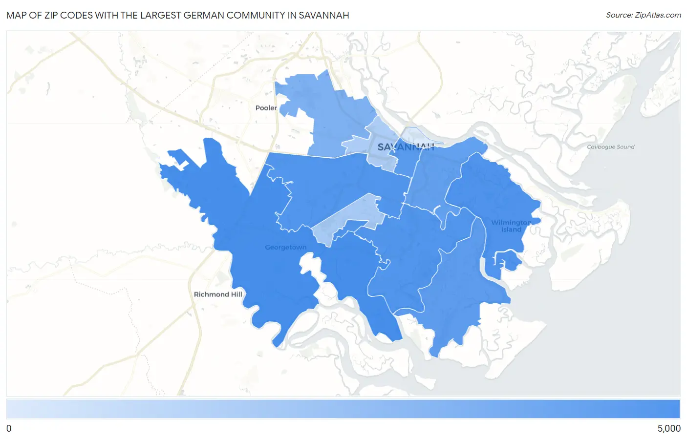 Zip Codes with the Largest German Community in Savannah Map