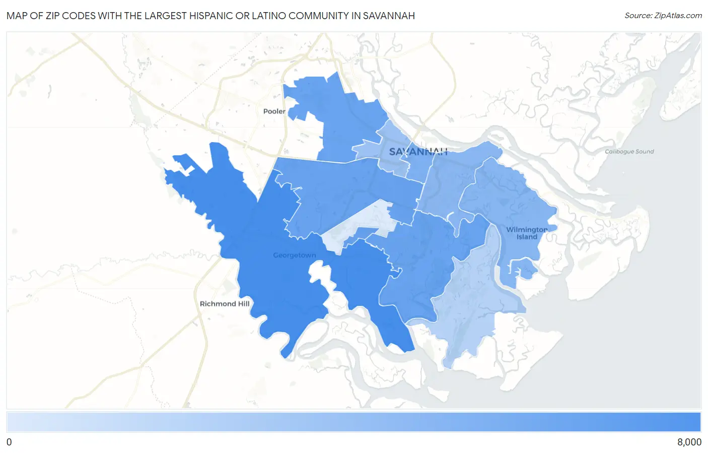 Zip Codes with the Largest Hispanic or Latino Community in Savannah Map