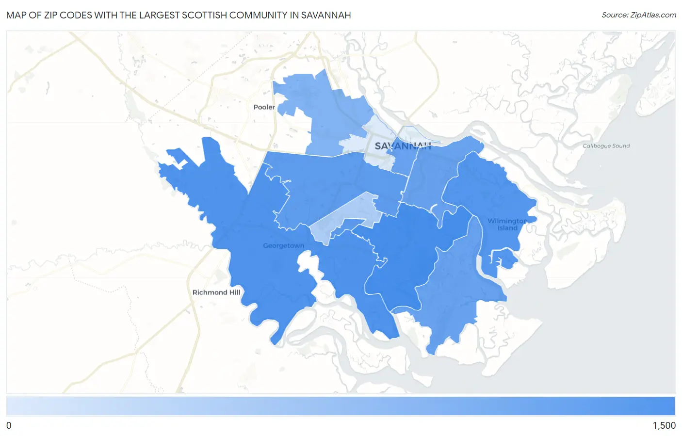 Zip Codes with the Largest Scottish Community in Savannah Map